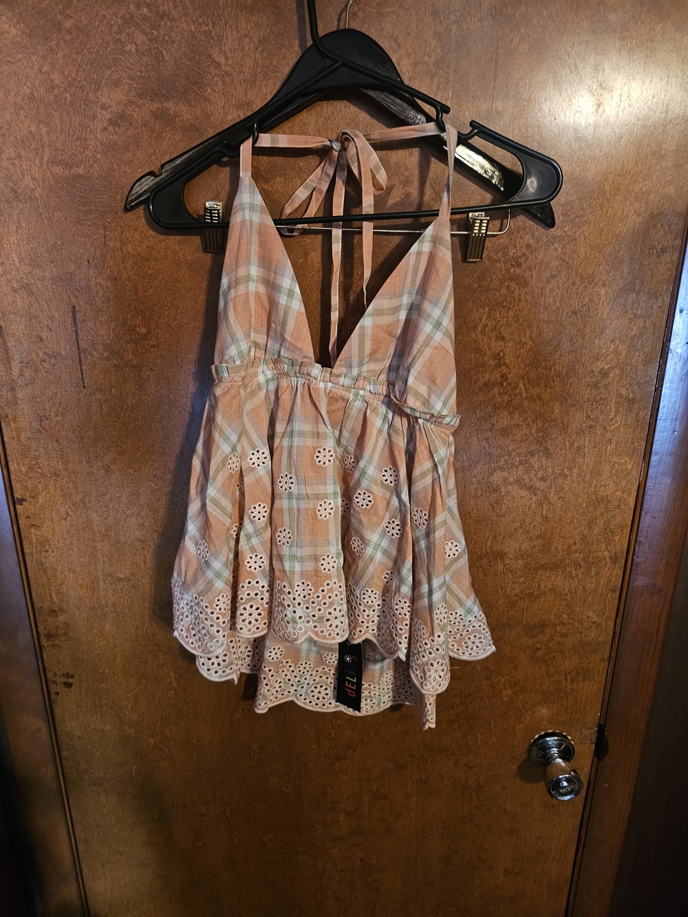 Dollskill x Delia's Plaid Eyelet Halter Summer Top in Peach & Mint